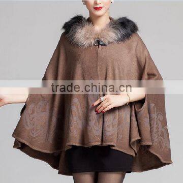 wholesale western european ladies fur neck cashmere sweater ponchos