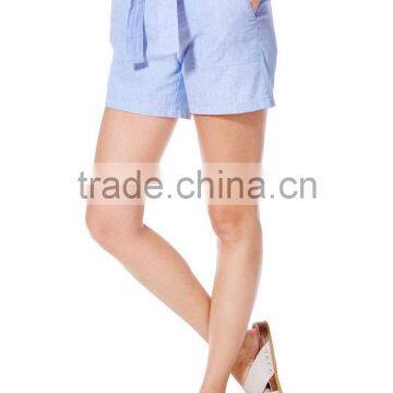 Wholesale Women Clothes Summer Casual Belted Cotton Chambray Shorts photo-3