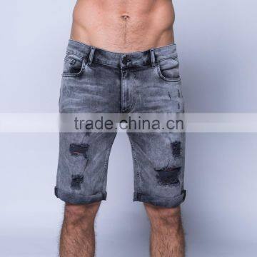 Summer & Fall Custom Men's Skinny Medium Wash Destroyed Denim Shorts Jeans photo-2