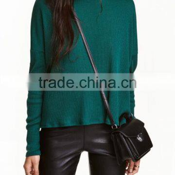 Green Ribbed Crew Neck Relax Fitted Wool Sweater Design for Girl With Dropped Sleeves photo-2
