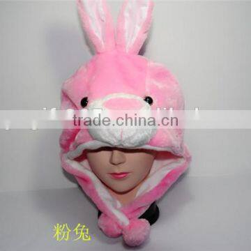 Cartoon Animal Pink Rabbit Plush Warm Hat With Ear Poms