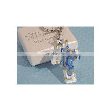 Murano Art Deco Collection Blue and Gold Cross Key Chain Religious Favors