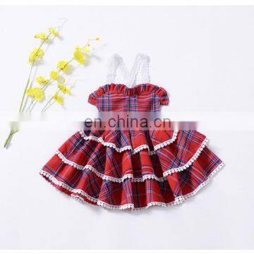 Boutique baby girl red and blue plaid pattern gallus 3 layer factory wholesale price