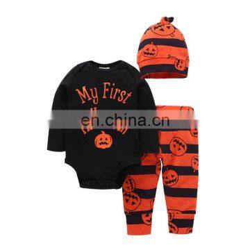 Wholesale Baby Clothes Sets Pumpkin Long Sleeve Black Romper And Stripe Pants Hat Baby Girl Boy Romper Outfits