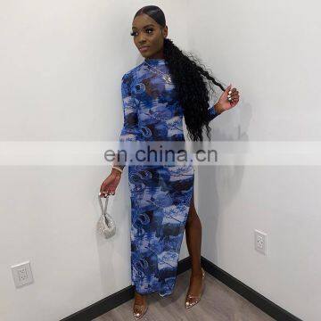 LAITE D2178 Hot Sales Women See-through Printed Casual Dresses Ladies Fashion Split Dresses photo-7