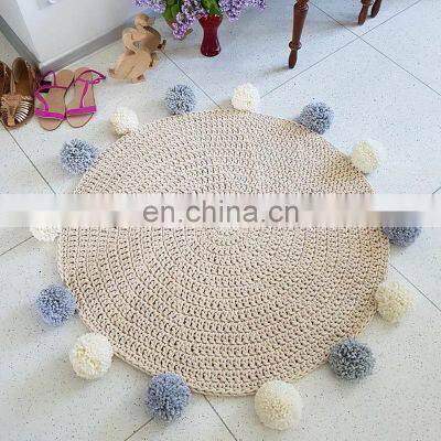 Hot Sale Children's Day Gift Sweet Beige Pom pom round crochet rug Decor Wholesale Vietnam Supplier