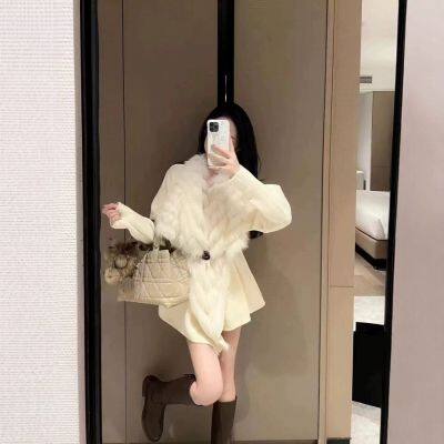 New delicate Jiangnan beauty fox fur collar knitted cardigan sweater fur coat women's mid to long style