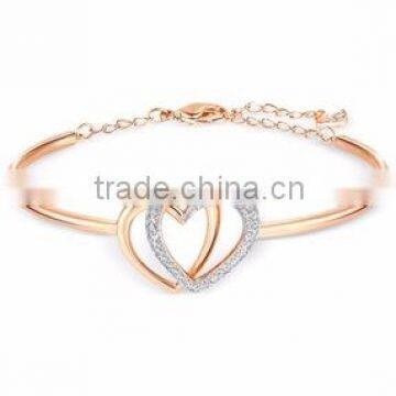 China factory supply famous rose gold crystal pave interlocking double heart bracelet