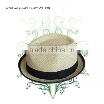 beige color paper straw hat with black ribbon block trim for men