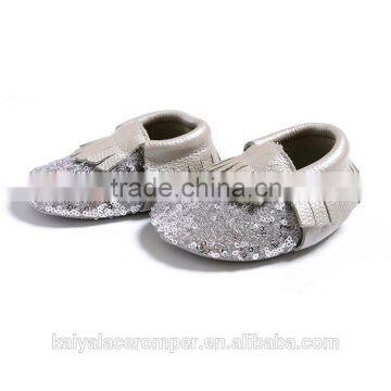 Silver Sequin Charcoal Fringe Baby Leather Moccasins,Toddler Leather Baby Shoes photo-2