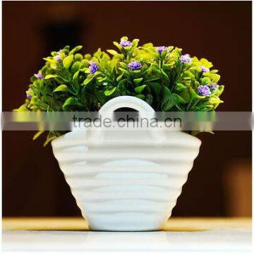 Glazed ceramic small white basket ceramic pot with artificial green plant