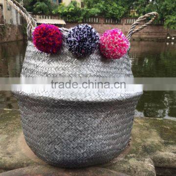 Hottest selling Eco-friendly silver seagrass belly basket with colorful pompoms