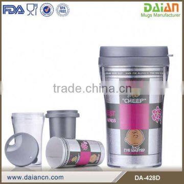 Customized double wall plastic coffee mug with paper insert