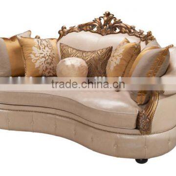 Antique golden solid wood hand carving genuine leather three seat sofa
