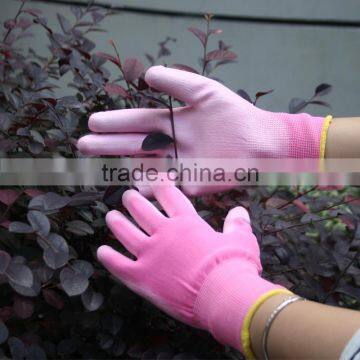 NMSAFETY EN388 EN420 garden PU gloves13g pink polyester liner pu coated working gloves/good grip gloves