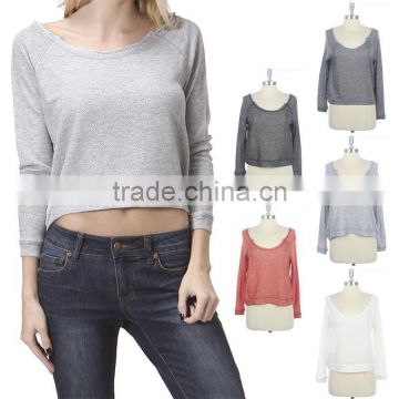 Raw Neckline Raglan Long Sleeve Sweatshirt Loose Fit Wide Round Neck Cute T shirt