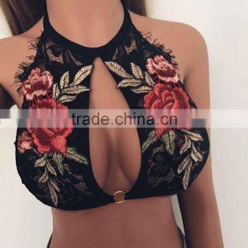 Wholesale front open lingerie black ladies sexy crop top embroidery bra