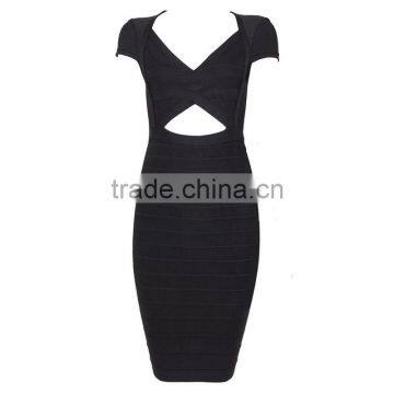 Europe New Sexy V-Neck Midriff Cutout Cap Sleeve Knee Length All Black Feminine Sheath Bandage Dress Plus Size H935 photo-3