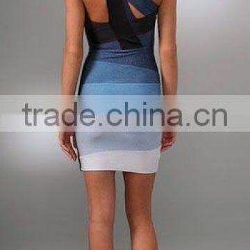 Elastic Knitted HL Blue Gradient One Shoulder Bandage Dress Sexy Club Dress Women Dress HL photo-2