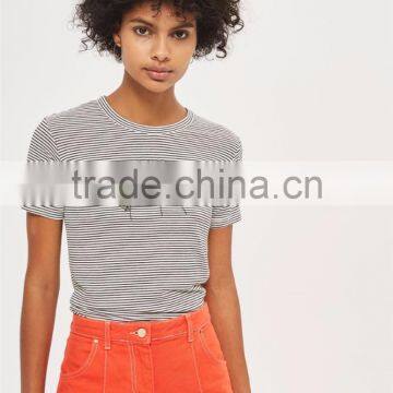 MGOO Factory Supplied Women Flora Embroidered T Shirt 100% Cotton Black And White Stripe T-shirt photo-3