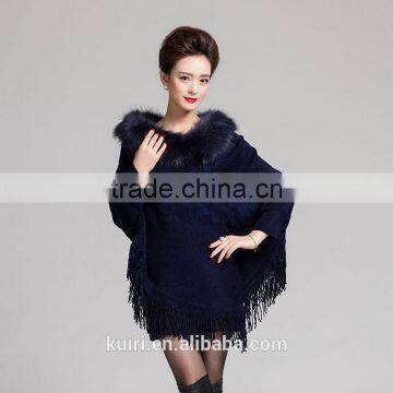 Elegant Knit Lady Shawl Winter Plus Size Thick Cape With Imtation Fox Fur Collar Trim Knit Batwing Autumn Top Quality Pashmina