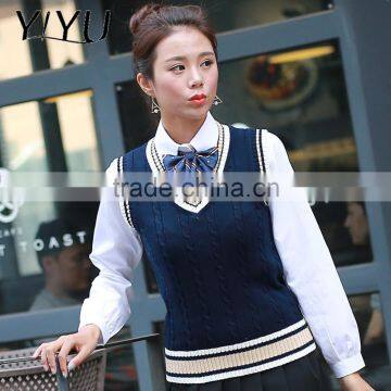 New Arrival Girl White Stripe V-neck High School Uniform Knit Vest Sweater photo-5