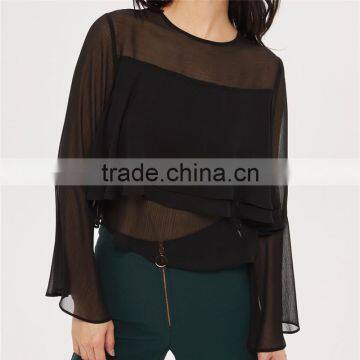 Gorgeous Cropped Flute Crinkle Sleeve Black Semi Sheer Blouse photo-2