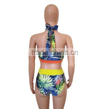 Polyester Bikini Backless Two Piece Printed Leaf Pattern Sold By Set photo-3
