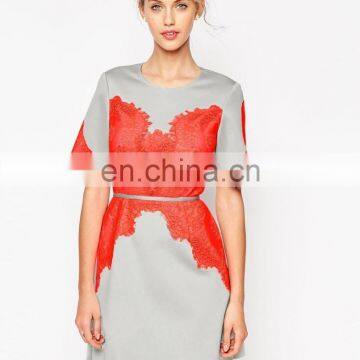 women short sleeve red lace fluro bonded office party dress