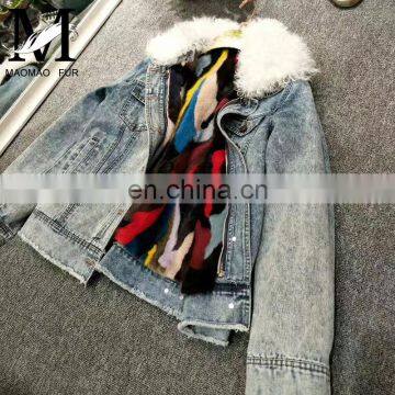 2016 Top Fashion Real Lamb Fur Collar Denim Parka with Hood Women Fur