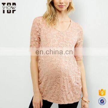 Oem service maternity t shirts high quality shell pink lace panel short sleeve t-shirt