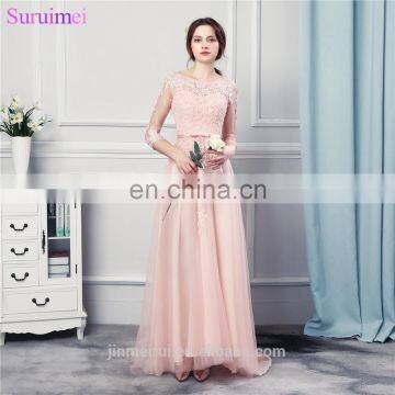 Peach Pink Bridesmaid Dresses Long Chiffon Floor Length Fashion Lace Applique Brides Maid Dress