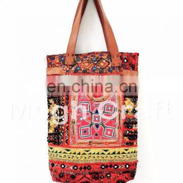 Designer Handmade banjara Mirror work Lather Tote HANDBAG - Vintage banjara Bohemian Hippie style traditional bag