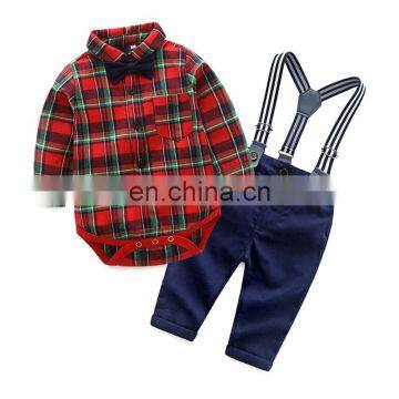 Spring Cotton Gentleman Baby Boys Clothes Clothing Sets Plaid Long Sleeve Bow tie Shirt Rompers Suspenders Pants Xmas Outfits