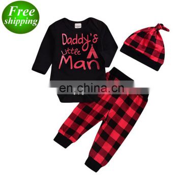 "Daddy's Little Man" 2019 boys black Rompers Outfits & kids plaid full print pants & baby hat 3pc set