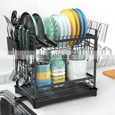 Dish Drying Rack, 2-Tier Dish Rack with Drainboard Cutlery Holder Cup Holder, Rustproof Dish Drainer for Kitchen Counter