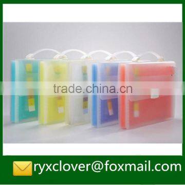 Clear plastic expandable handle file folders with colorful pockets