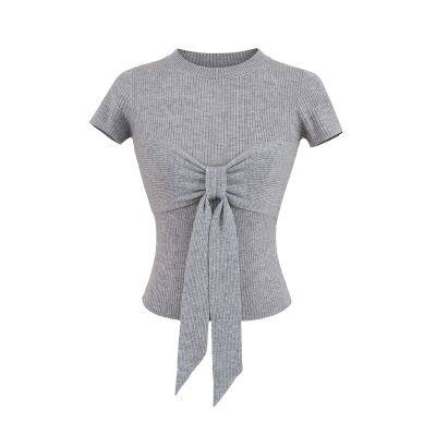 2025 Spring and Summer Full Shoulder Short-sleeved Round-neck T-shirt Women's Chest Bow Design Sense Slim Knitted Tie Top photo-2