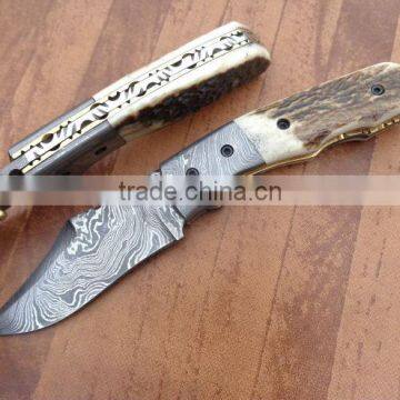 udk f221" custom handmade Damascus folding knife / pocket knife with Damascus steel bolster and Stag handle