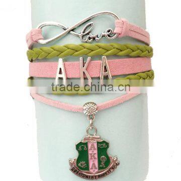 Newest AKA Wrap Bracelet Leaf Alpha Kappaa Alpha AKA Heart Pink Green Custom Leather Bracelet photo-4