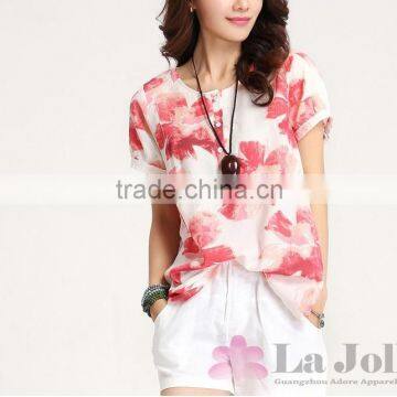 Latest Summer Fashion Ladies Flower Printed Chiffon Short Sleeves T-shirt 108