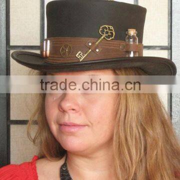 NEW 2015 FASHION BROWN BULLET AND KEY LEATHER TOP HAT GENUINE LEATHER TOP HAT FOR MENS,WOMENS