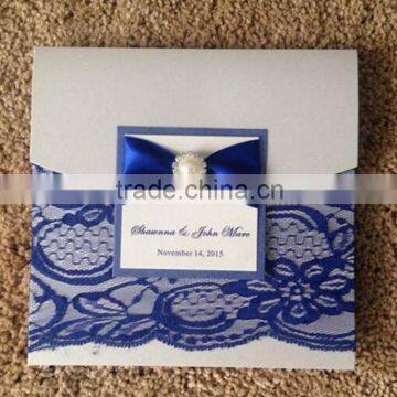 Hot sale elegant navy lace wedding invitations with label papers & pearl decoration                        
                                                Quality Choice