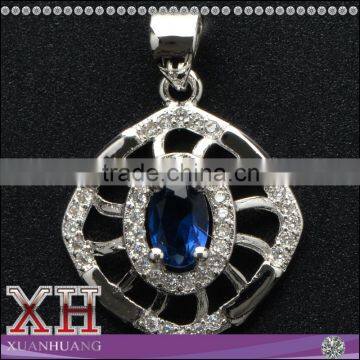 Fashion Design 925 Sterling Silver Cubic Zircon Blue Sapphire Square Pendant