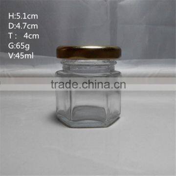 45ml 1.5oz hexagon glass jars for jam jar with gold metal lid