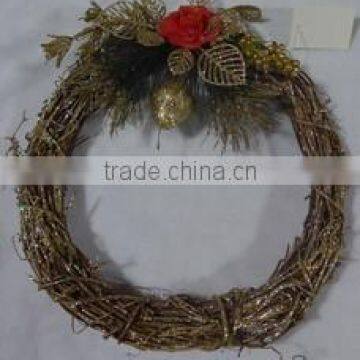 gold christmas wooden wreath with flower decoration