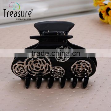 Discount jewelry black acylic hair claw with golden flower hair jewelry for women