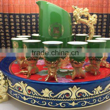 12 Animals Zodiac Green Color Ceramic Wine Glasses on Metal tray