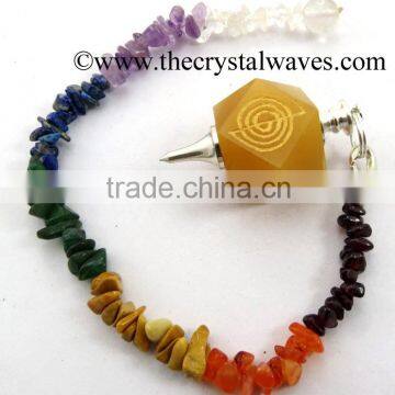 Yellow Aventurine Cho Ku Rei Engraved Hexagonal Pendulum With Chakra Chips Chain