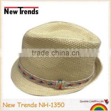 Nature color straw fedora man hat chevron linen hatband